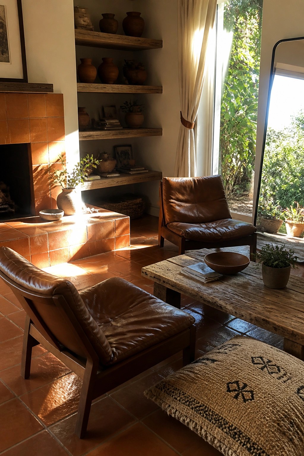 Living room interior with terracotta tiled floor and fireplace, two brown leather armchairs, wooden coffee table, and built-in wooden shelves holding pottery.