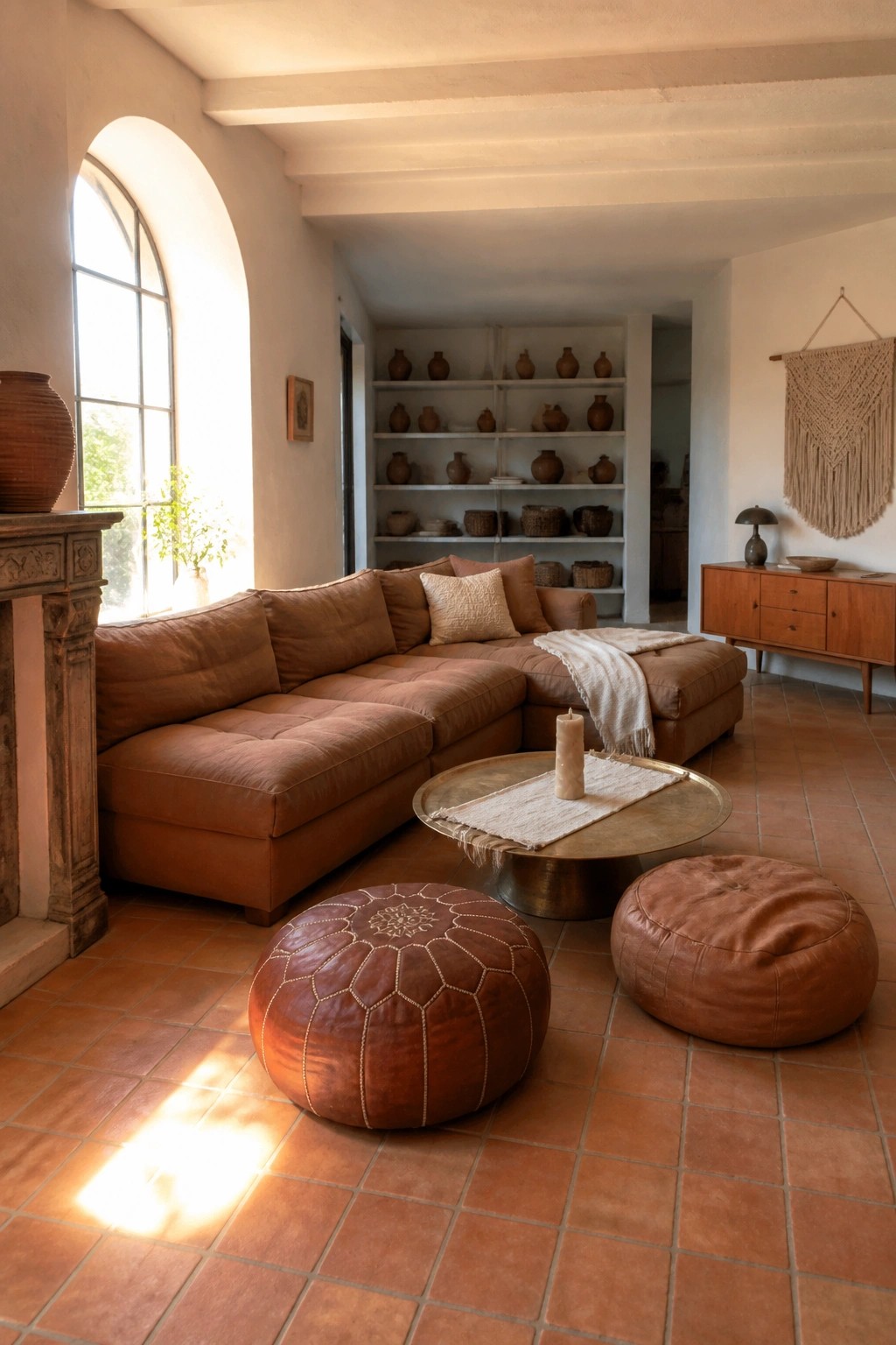 Living room interior with large terracotta tile floor, brown leather sectional sofa, two round leather poufs, round brass coffee table, and built-in white shelves holding pottery.