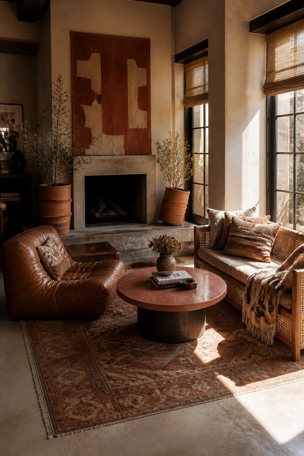 A living room featuring a brown leather armchair, a round coffee table on a patterned rug, a fireplace with a large abstract textile above it, and multiple terracotta pots arranged near the hearth and on the floor.