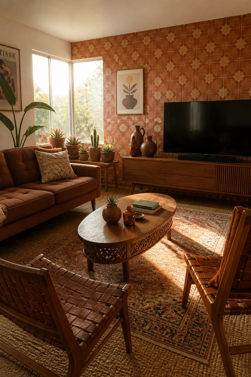 A living room featuring a large patterned terracotta tile accent wall behind a wooden media console and television, with a brown sofa, oval coffee table, and woven leather chairs on layered rugs.