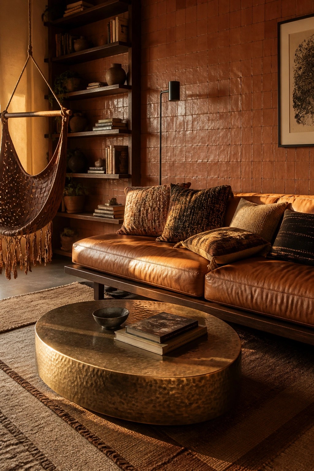 A living room featuring a brown leather sofa against a terracotta tiled wall, a round hammered brass coffee table with books, and a woven hanging chair to the left.
