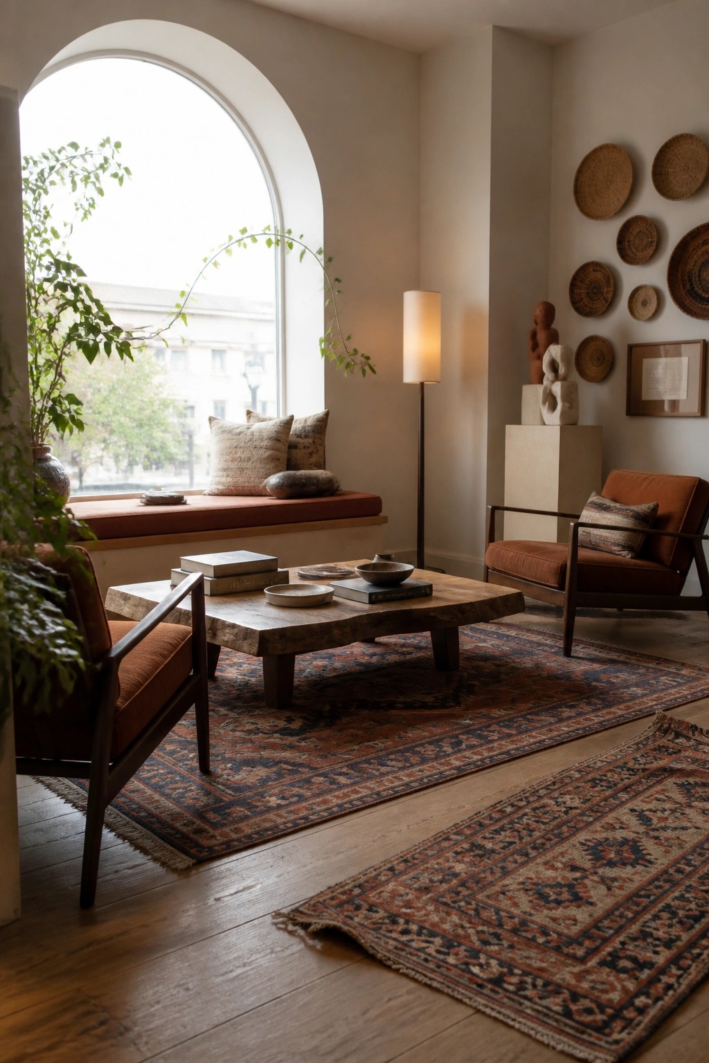 Living room interior with terracotta upholstered armchairs, wooden coffee table, layered patterned rugs, and an arched window with a cushioned seat.