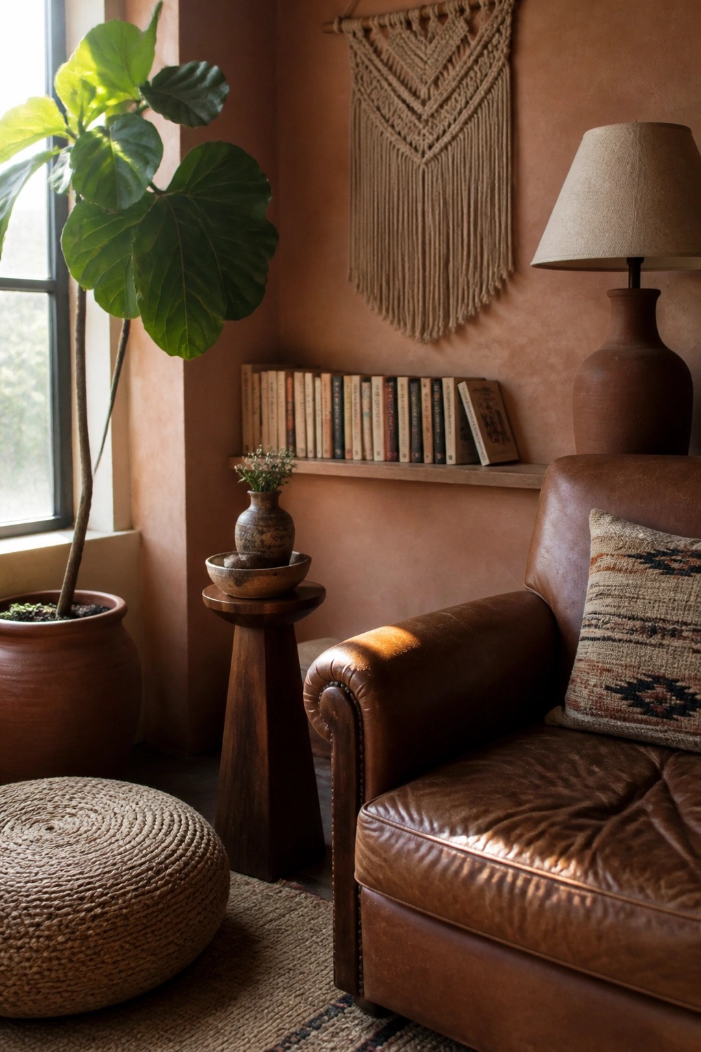 A brown leather armchair with a patterned pillow sits beside a terracotta wall that holds a wooden bookshelf and a macrame wall hanging.