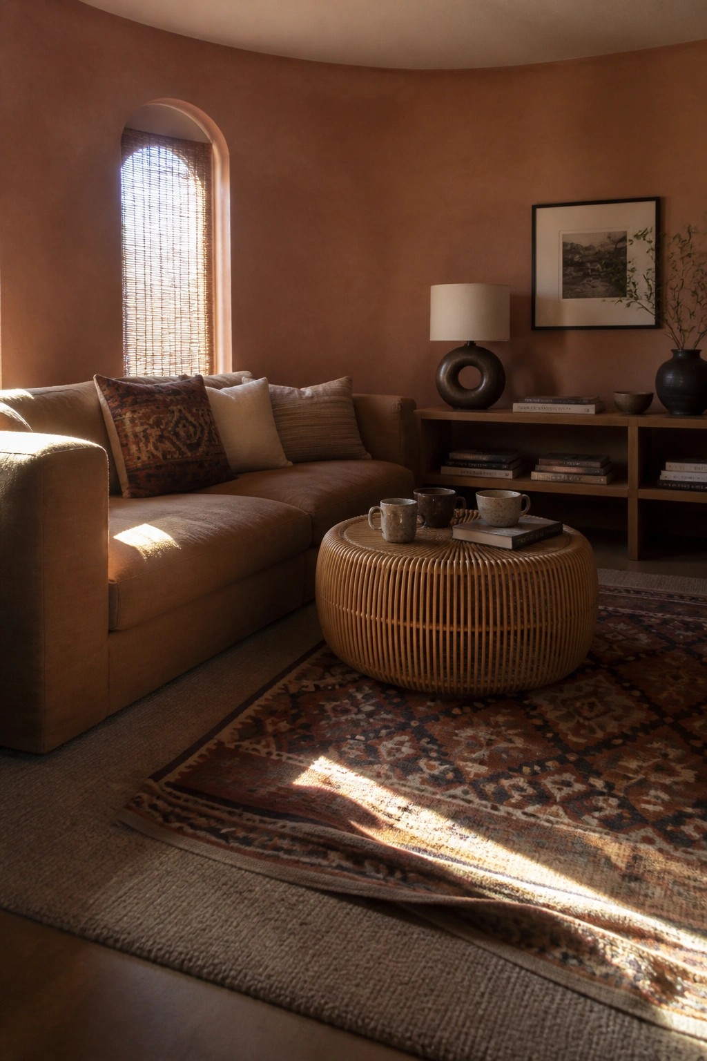 A living room with terracotta walls, a brown sofa, a round rattan coffee table on a patterned rug, and an arched window with woven blinds.