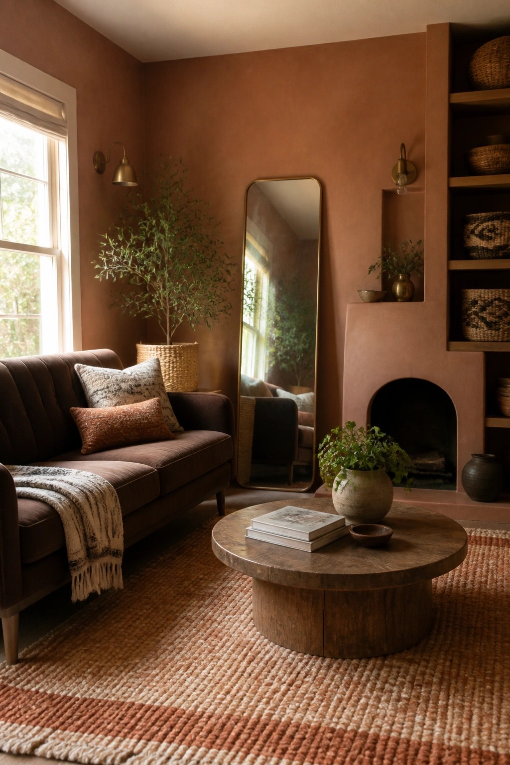 A living room with terracotta walls, a brown sofa with patterned pillows, a round wooden coffee table, a tall mirror, and a built-in fireplace area.
