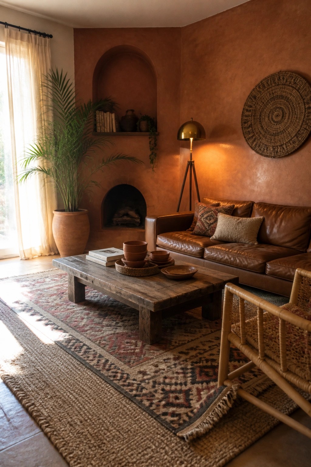 Warm living room with brown leather sofa, wooden table on patterned rug, terracotta walls