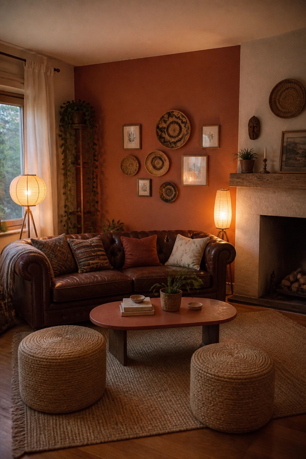 A living room featuring a brown leather sofa against a terracotta accent wall, with a round coffee table and two woven ottomans on a jute rug.