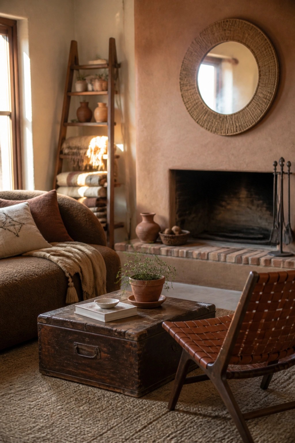 A cozy living room with terracotta walls, a brown sofa, a wooden ladder shelf holding folded blankets and pottery, a trunk coffee table, a woven leather chair, and a fireplace with a round mirror above it.