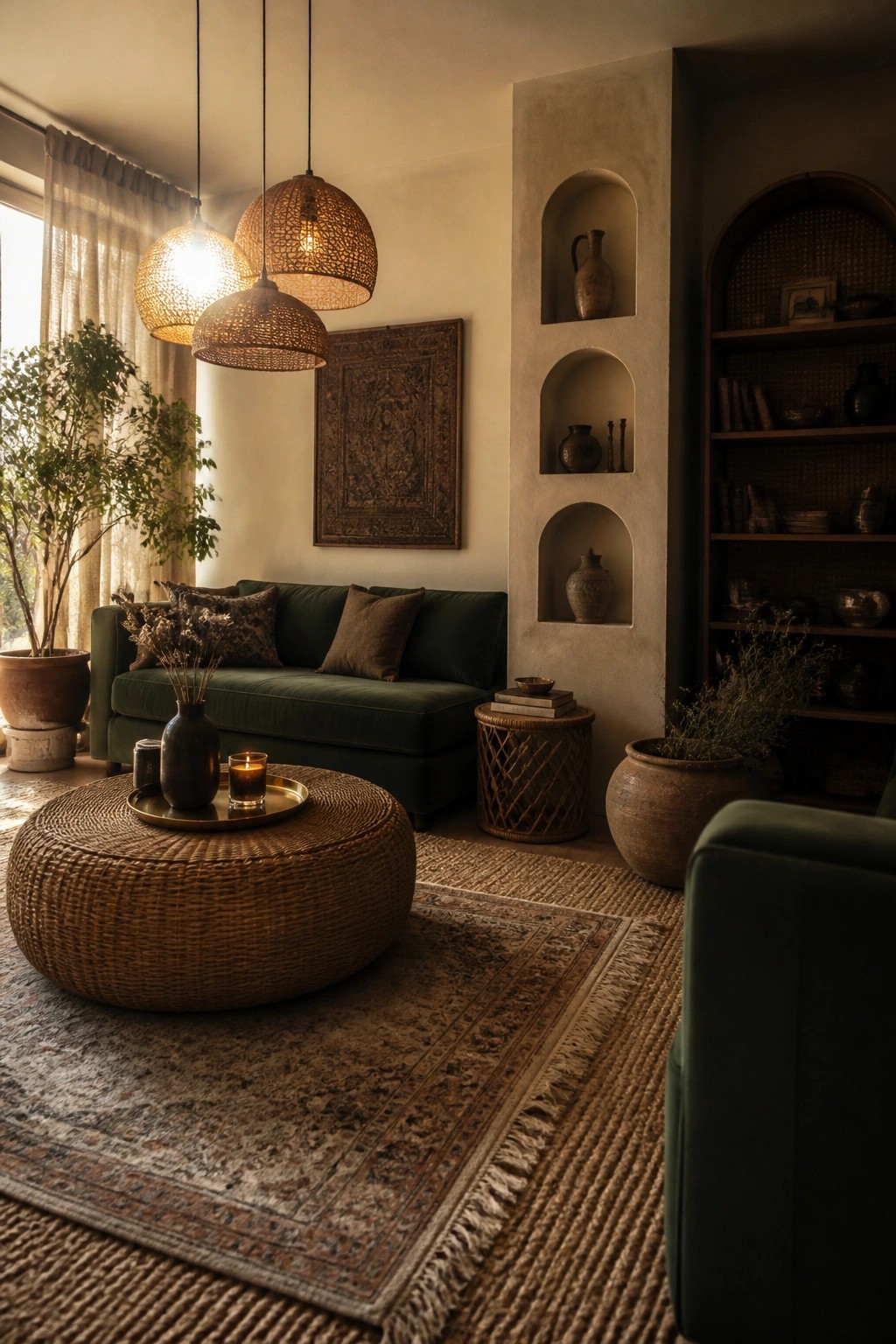 A living room featuring a dark green sofa, a large round woven rattan ottoman with a tray on top, hanging rattan pendant lights, built-in wall niches with pottery, and patterned rugs.