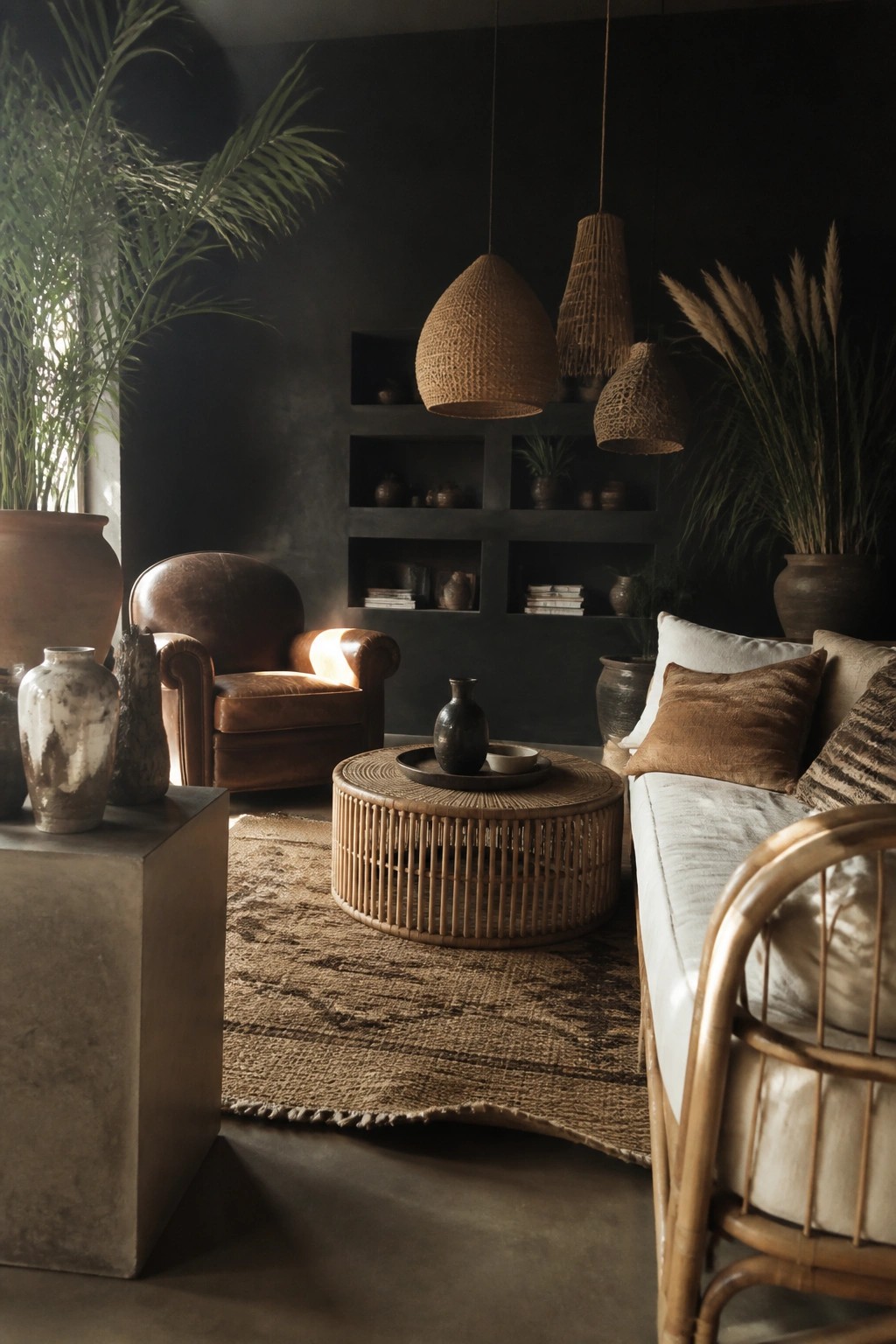 A dark living room with a round rattan coffee table, brown leather armchair, woven pendant lights, jute rug, and assorted pottery and plants.
