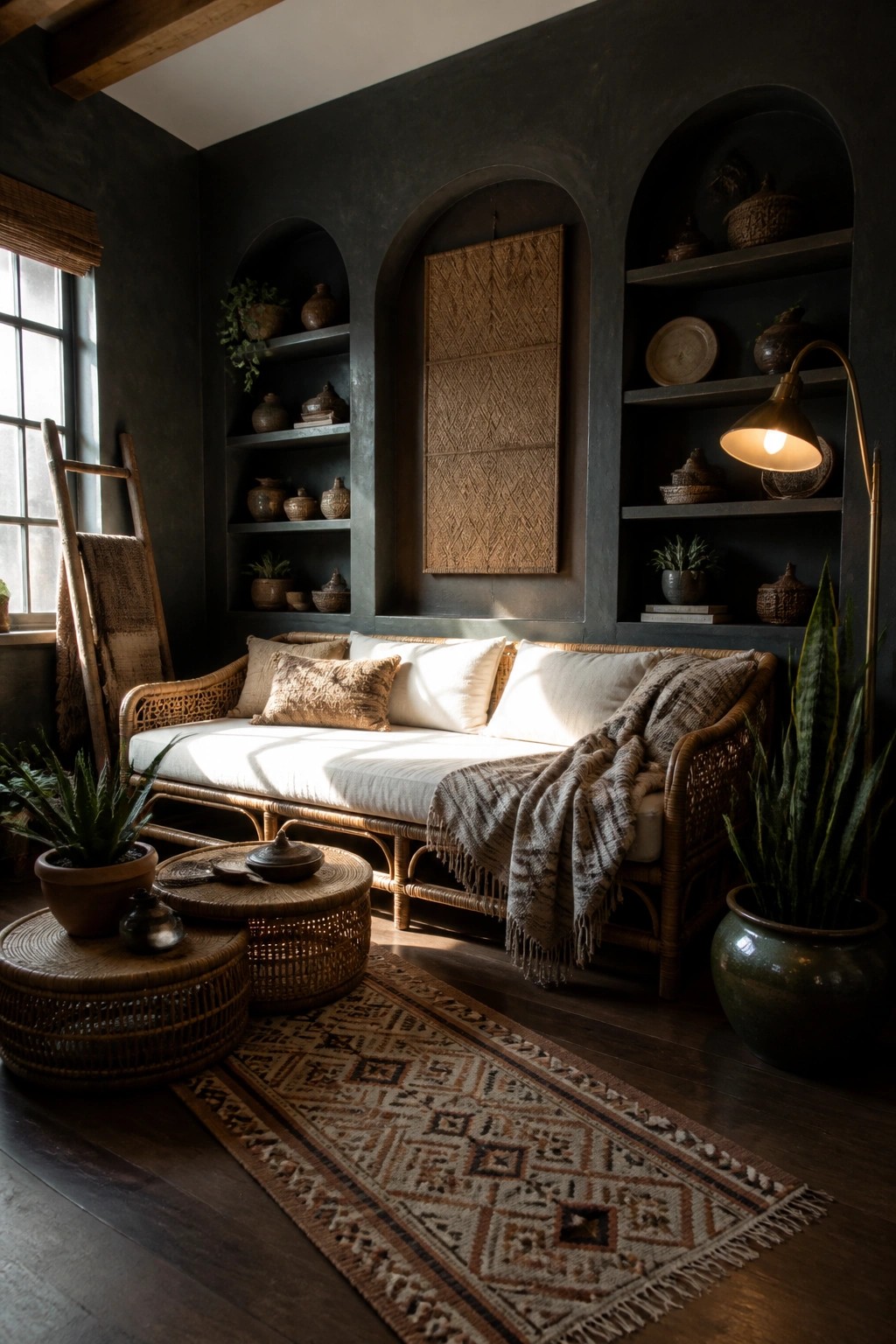 A dark living room featuring a rattan sofa against a wall with built-in arched shelves holding pottery and woven baskets, plus a patterned rug on the floor.
