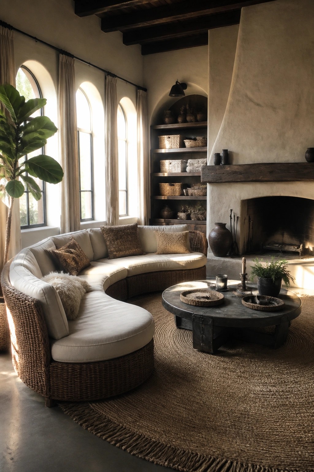 A curved rattan sofa with white cushions sits in front of arched windows and a large stone fireplace, with a round dark coffee table on a jute rug.