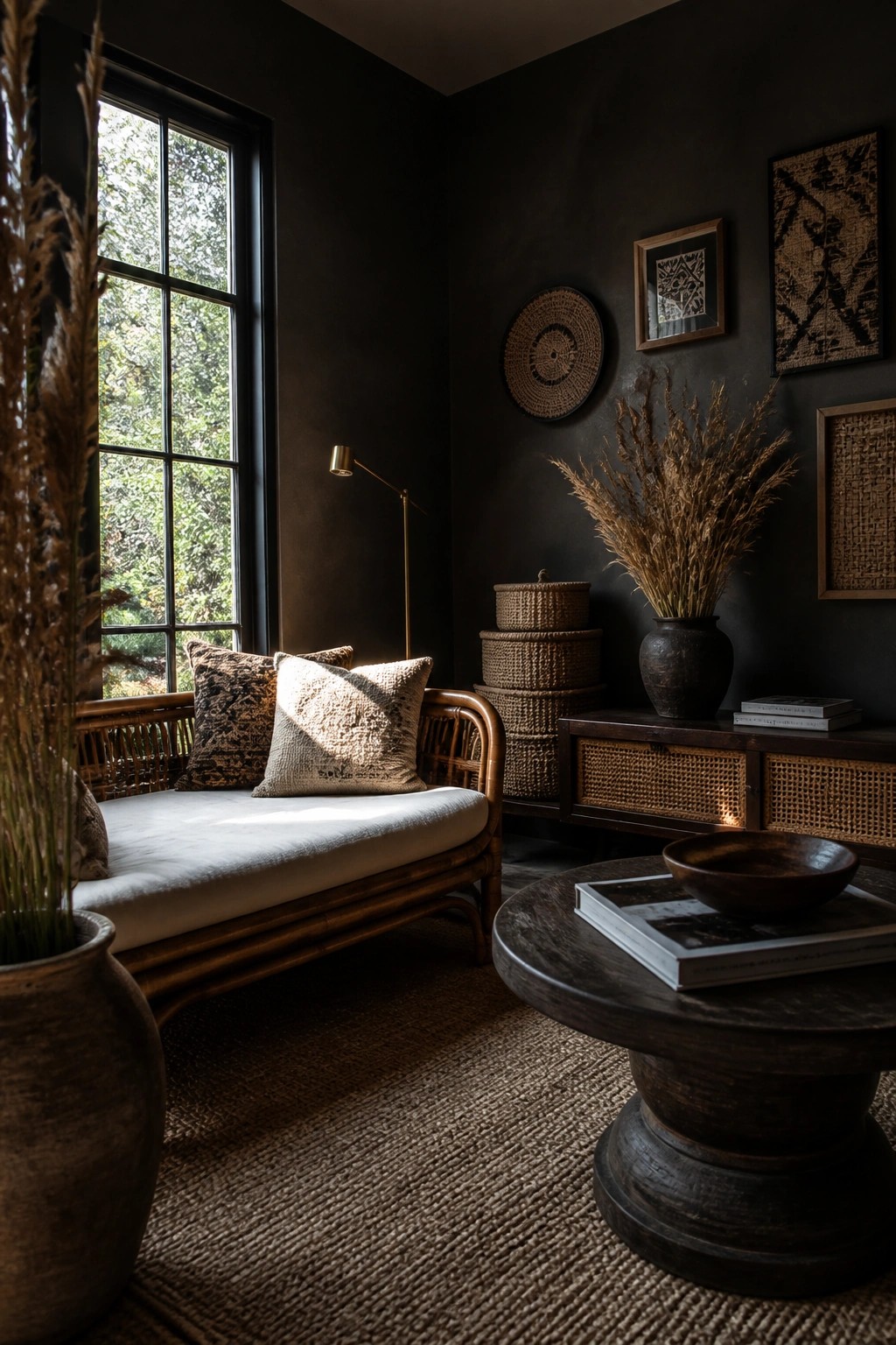 Rattan daybed with pillows in dark room with woven decor and wooden furniture.