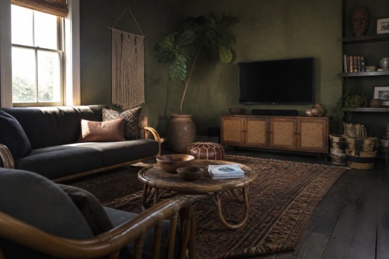 21 Earthy Dark Boho Living Room Ideas Using Rattan Furniture A living room with dark green walls, rattan sofa and chairs, a round rattan coffee table on a patterned rug, and a television on a wooden console.