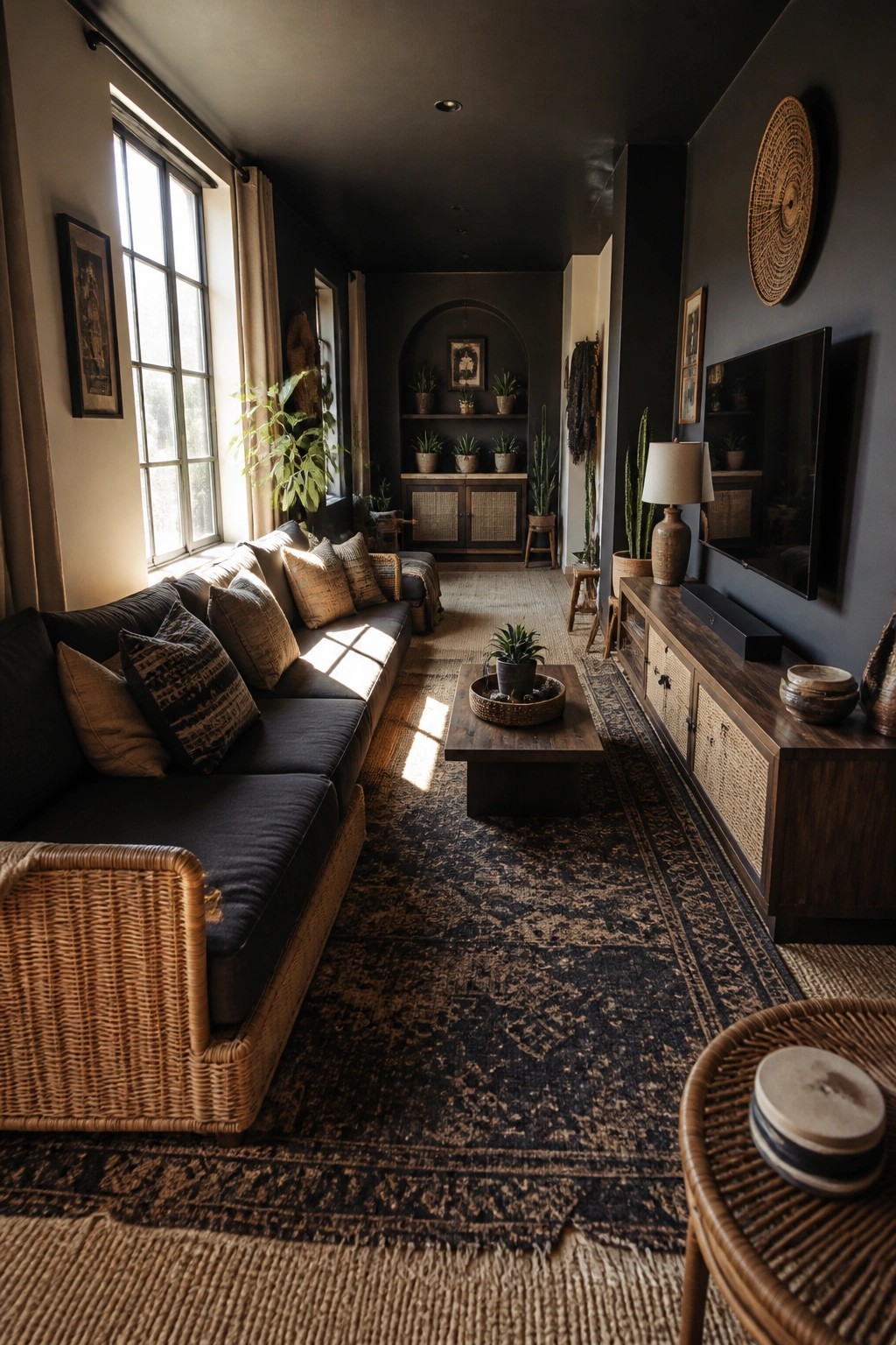 A dark boho living room featuring a rattan-framed sofa, wooden coffee table, woven console, and potted plants under natural window light.