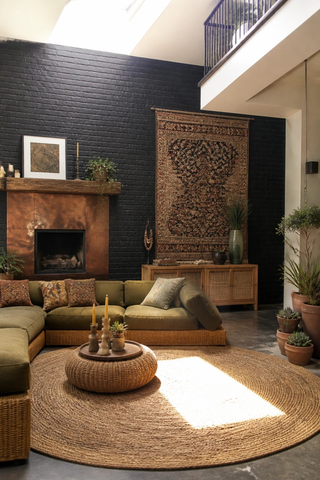 A living room featuring a green sectional sofa with rattan bases, a round woven coffee table on a circular jute rug, and a large patterned tapestry hung on a black brick wall.