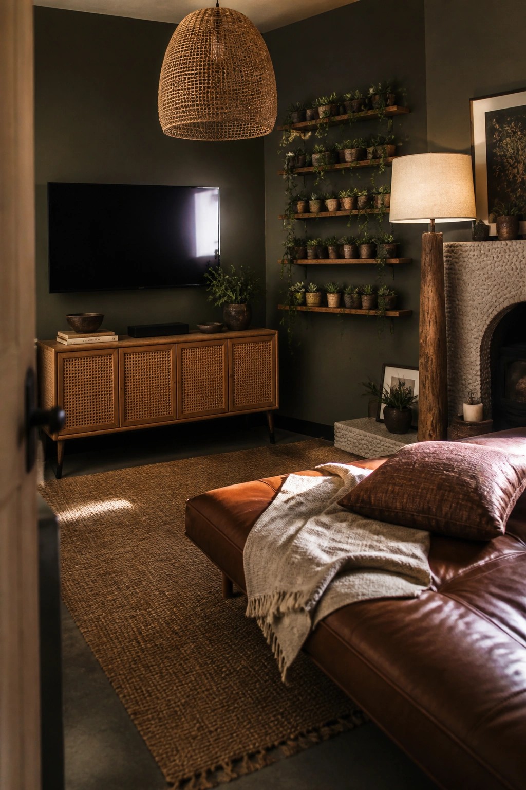 A living room with dark green walls shows a wooden media console with rattan doors beneath a wall-mounted TV, floating shelves holding potted plants, a large woven pendant light, and part of a brown leather sofa.