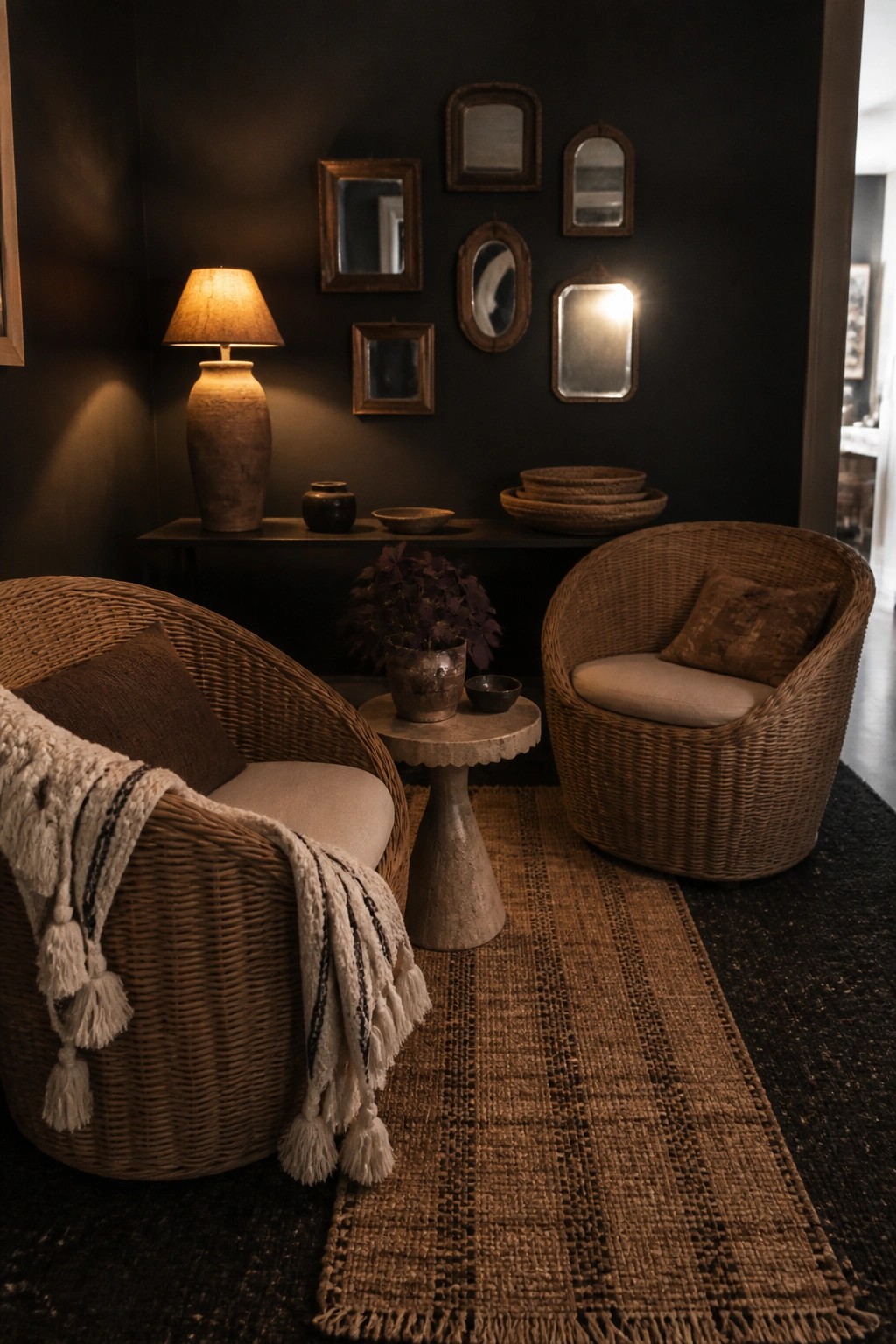 Two rattan chairs flank a small stone table on a jute rug in front of a dark wall lined with mirrors and a console.