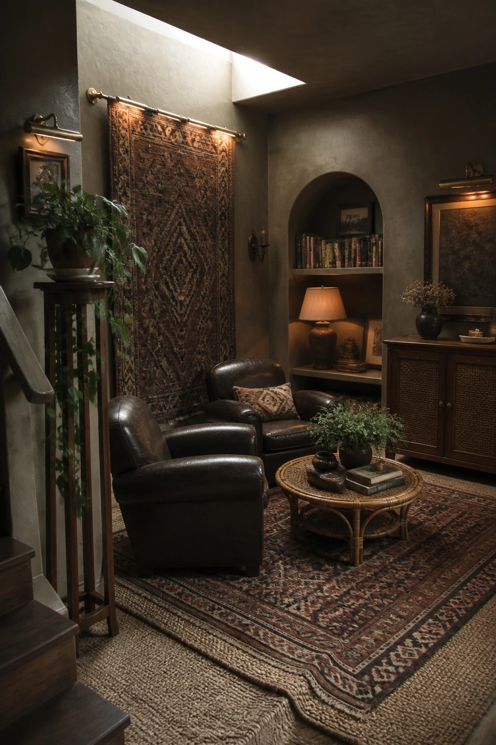 Cozy den with brown leather armchairs, wicker table, hanging rug, and arched bookshelf