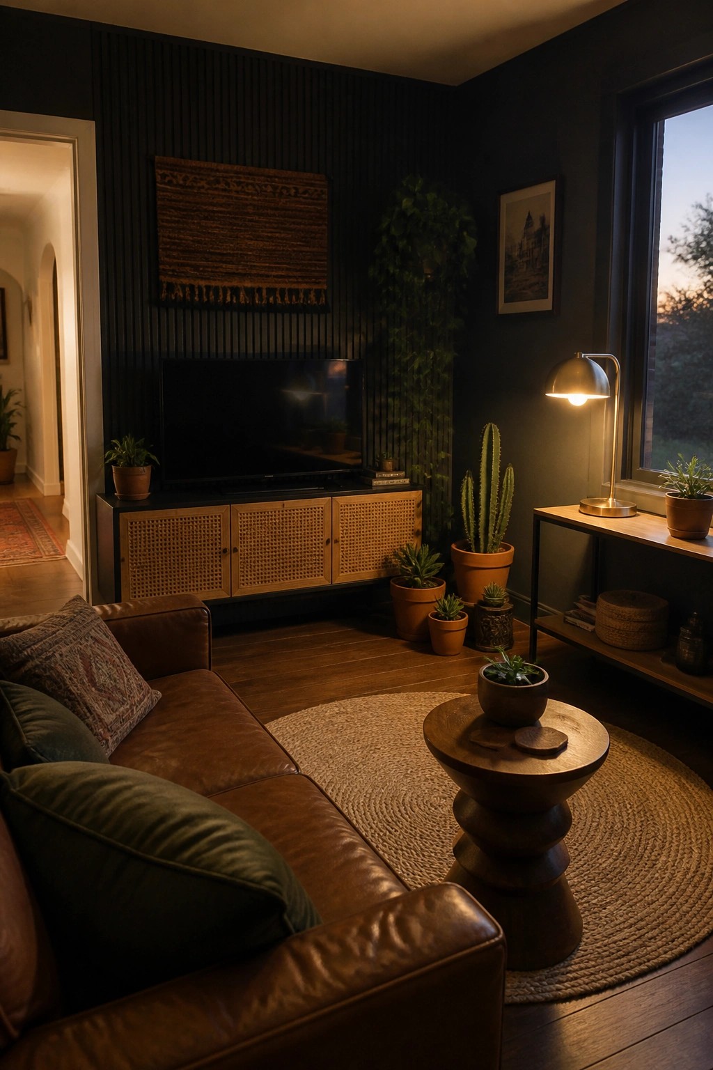 A dark living room with a brown leather sofa facing a wooden media console that has rattan doors, surrounded by potted plants and a round wooden side table.