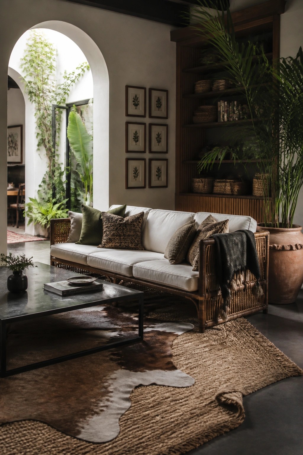 A living room with a white upholstered sofa on a rattan frame, layered pillows, a cowhide rug over jute, dark wood shelving, and large potted plants.