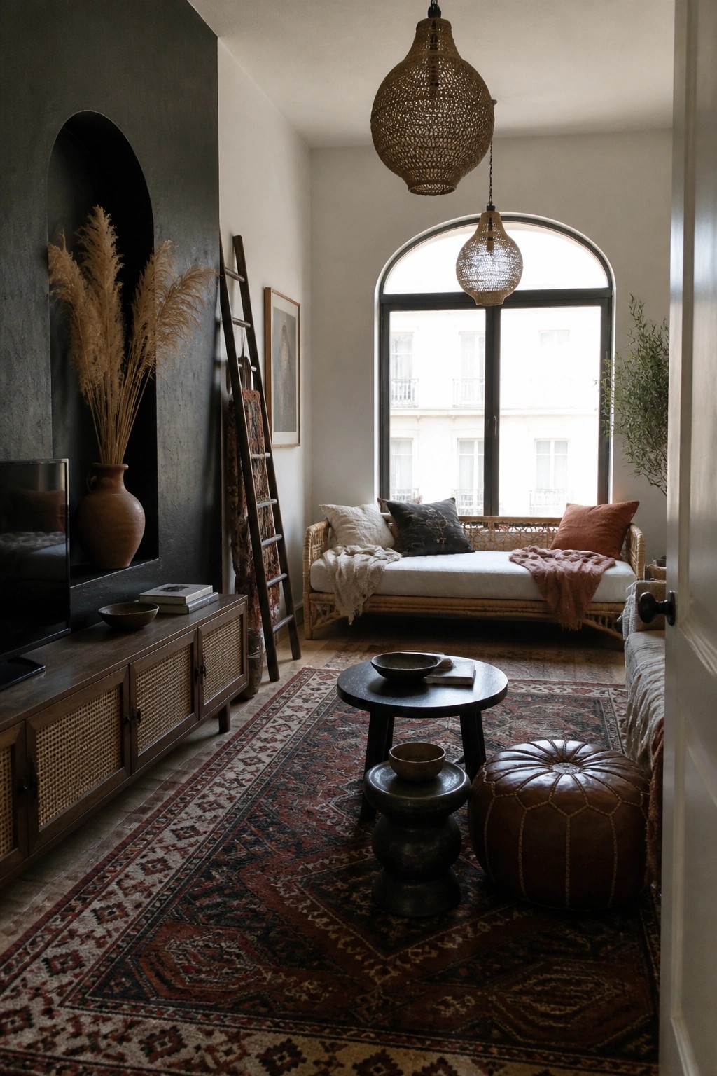 A living room featuring a dark accent wall with an arched niche, a wooden media console, a rattan daybed under a large arched window, and a patterned rug with a round coffee table.