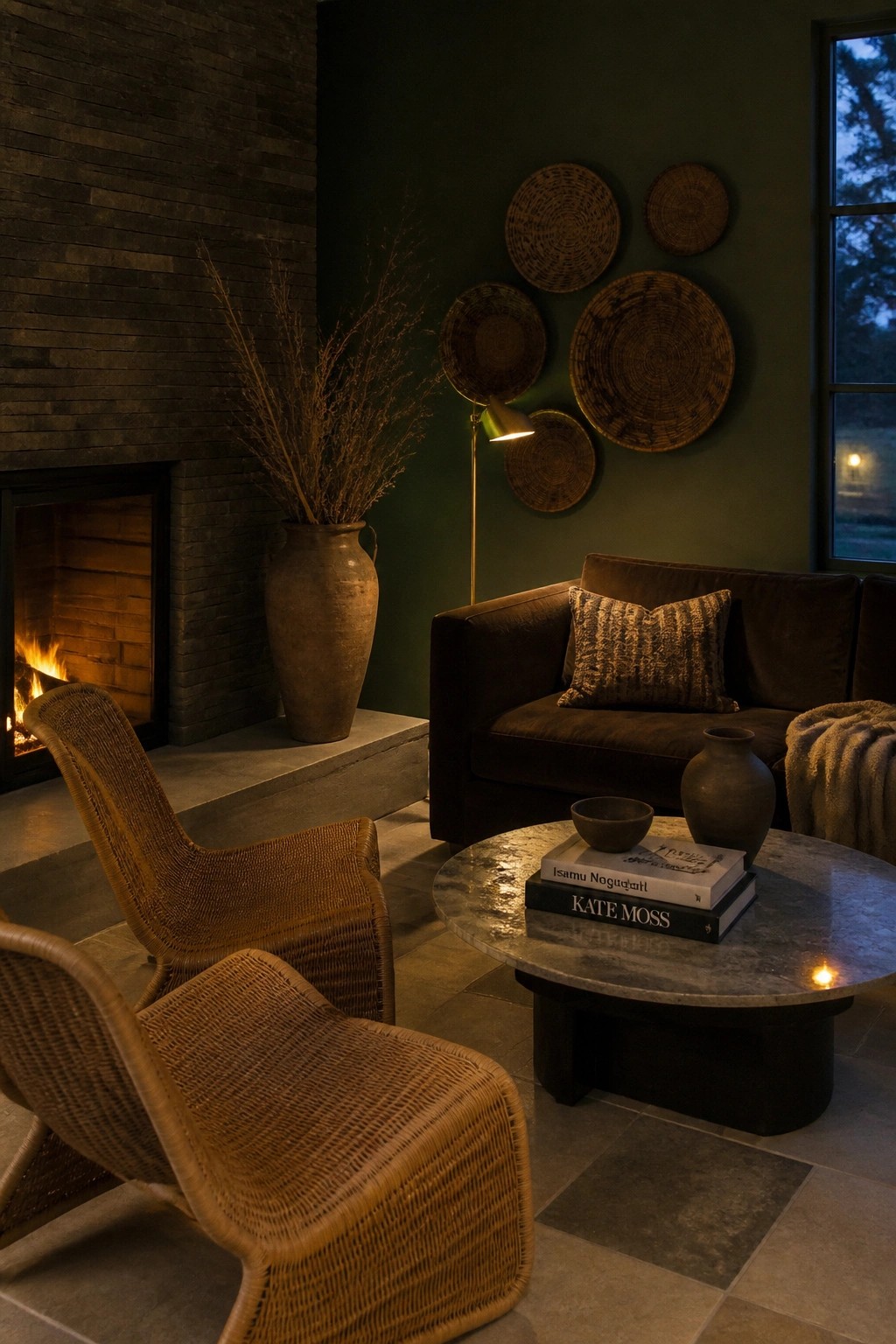 Living room with dark green walls, brick fireplace, brown sofa, round marble coffee table, two woven rattan chairs, and woven baskets on the wall.