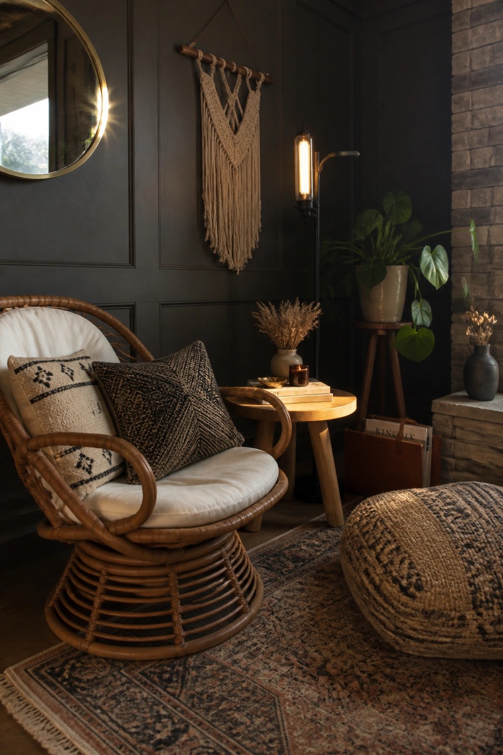 A rattan swivel chair with white cushions and patterned pillows sits on a patterned rug in front of dark paneled walls, next to a small wooden side table and a woven pouf.