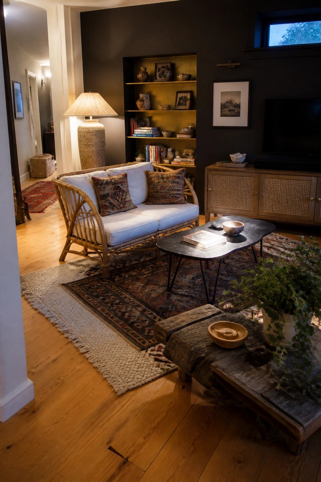 A living room with a rattan sofa, dark walls, a black coffee table, layered rugs, and a built-in yellow shelf unit.