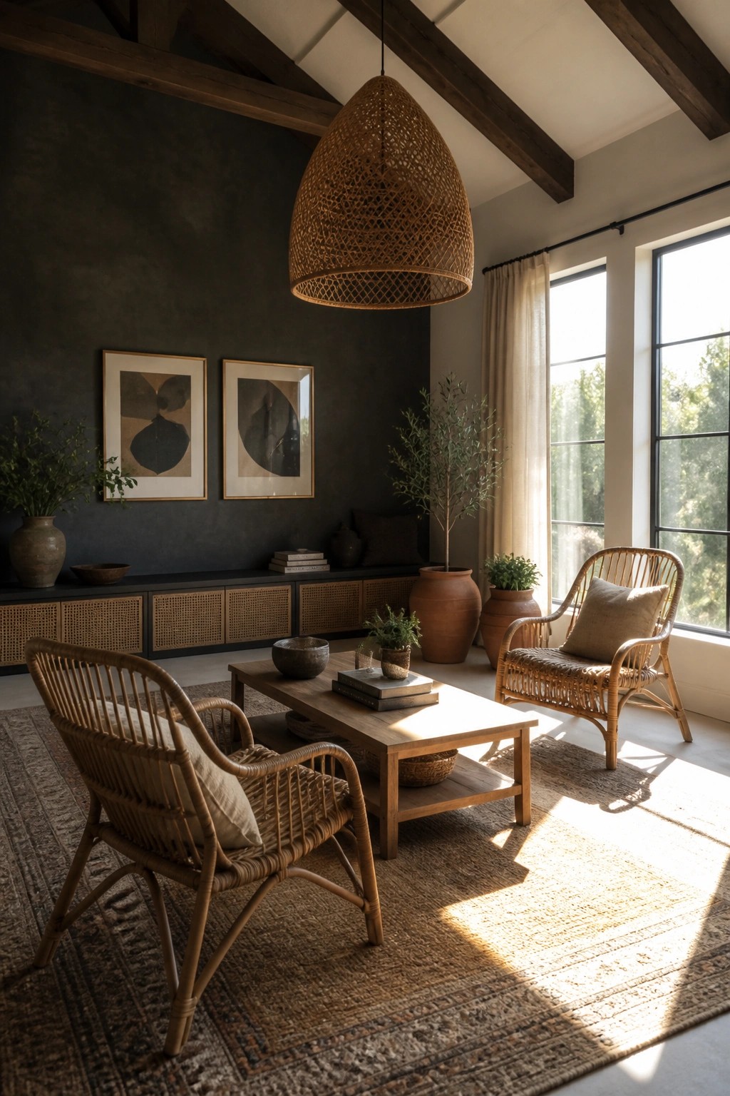 A living room featuring dark walls, two rattan armchairs, a wooden coffee table, a large woven pendant light, and framed art above a low cabinet.