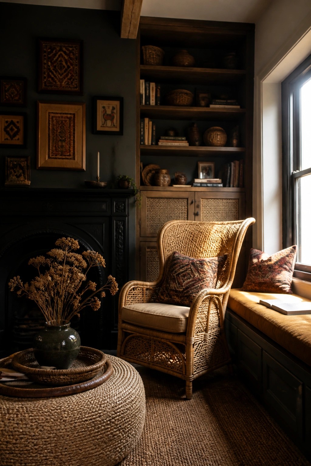 A rattan armchair with cushions sits in a dark living room beside built-in shelves, a fireplace, and a woven ottoman holding a vase of dried flowers.