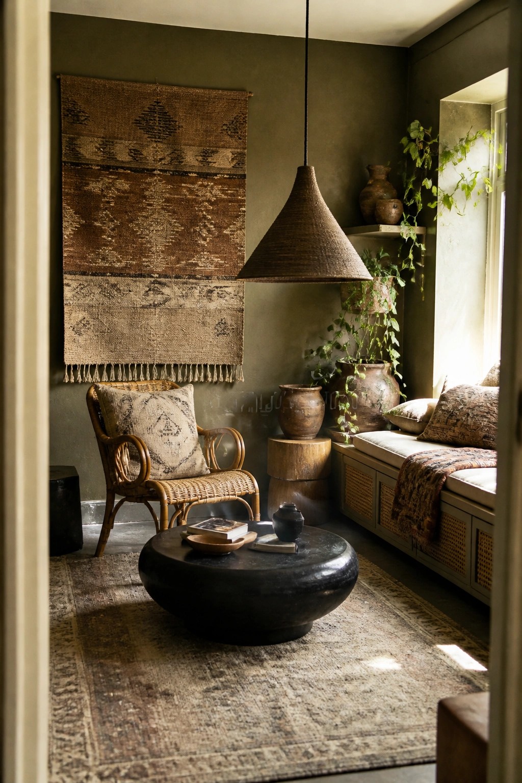 Bohemian nook with rattan chair, woven pendant light, black coffee table, and rugs.