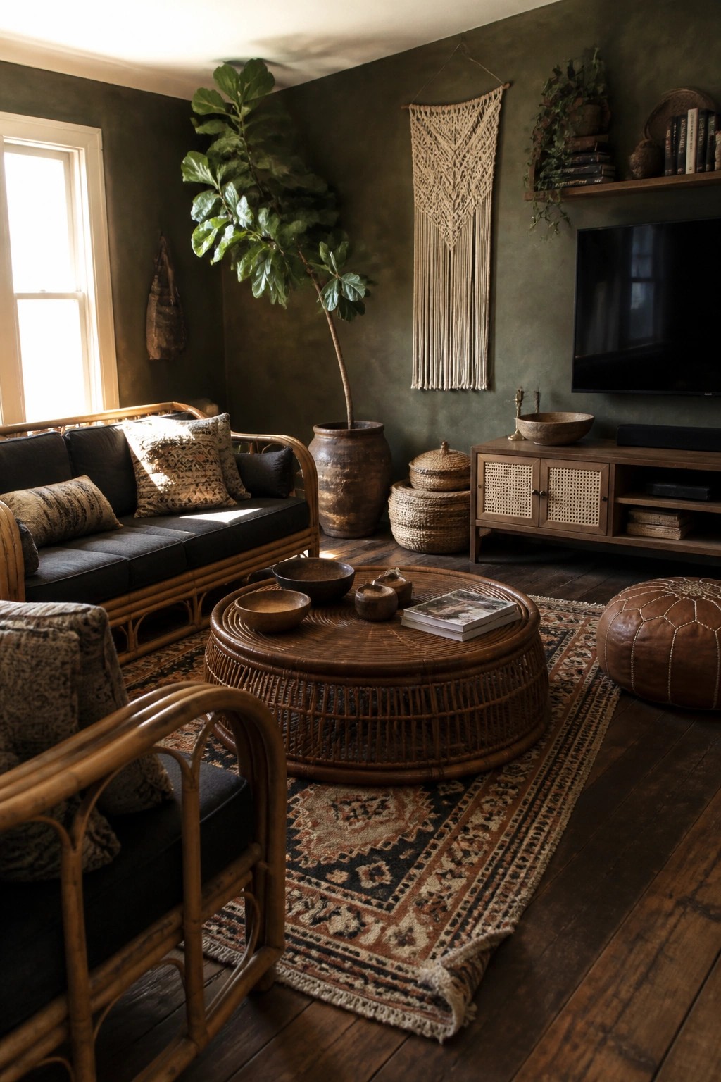 A living room with dark green walls, rattan sofa and chairs, a round rattan coffee table on a patterned rug, and a television on a wooden console.