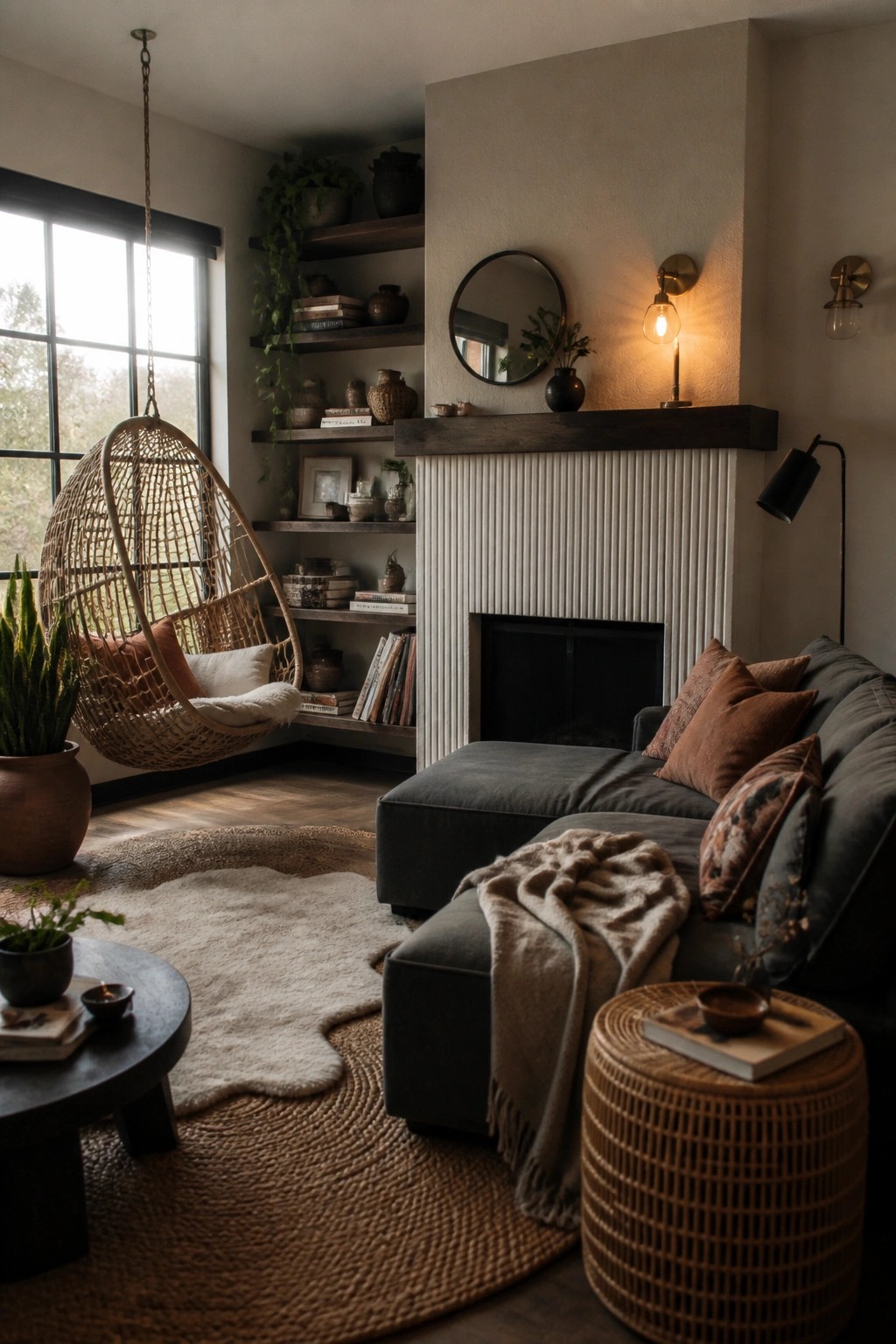 Cozy living room with hanging wicker chair, gray sectional sofa, and fireplace shelves