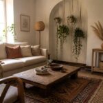A boho living room featuring a light sofa, wooden coffee table on a patterned rug, and an arched alcove filled with multiple hanging planters holding trailing green plants.