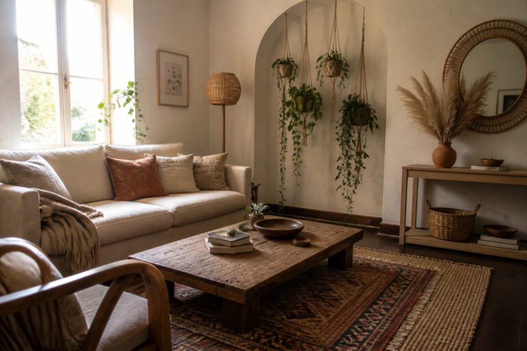 21 Fresh Boho Chic Living Room Plant Styling Ideas Using Trailing Plants and Hanging Planters A boho living room featuring a light sofa, wooden coffee table on a patterned rug, and an arched alcove filled with multiple hanging planters holding trailing green plants.