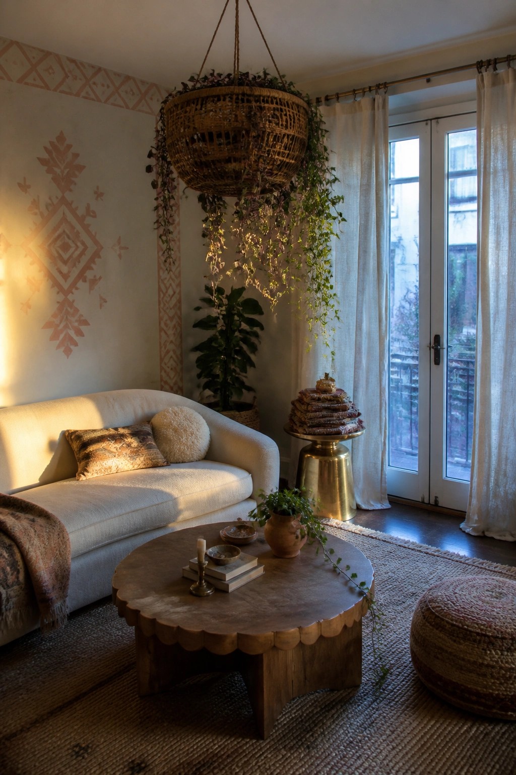 A living room featuring a large woven hanging basket planter with cascading vines above a white sofa and round wooden coffee table.