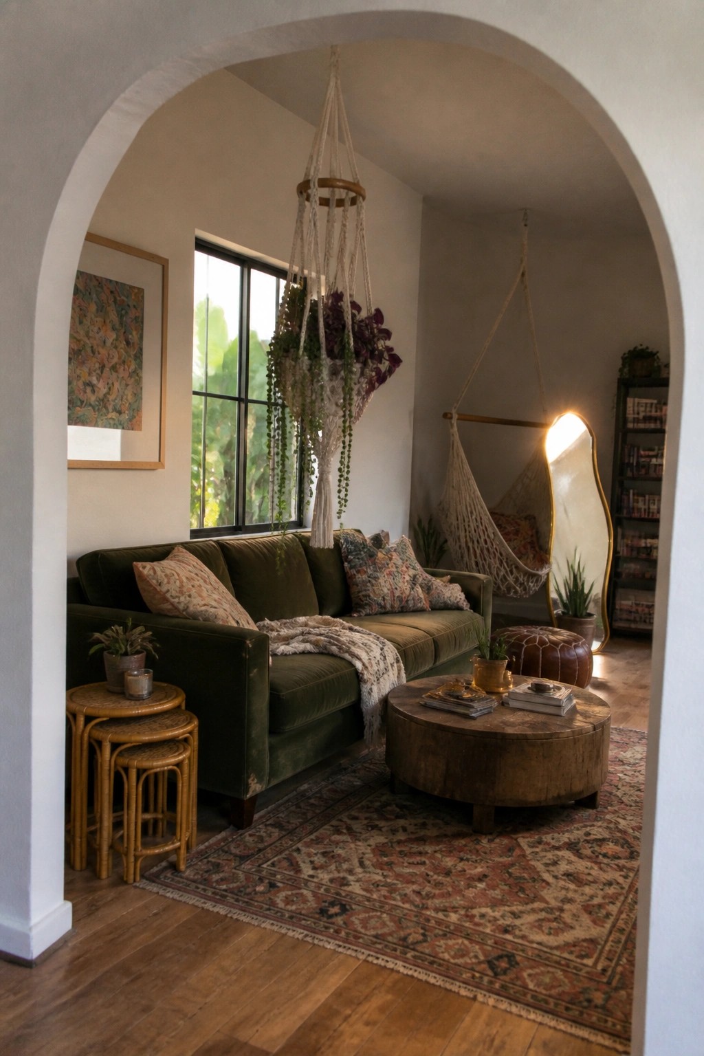 A living room view through an archway shows a green velvet sofa beneath a large macrame hanging planter filled with trailing plants, a round wooden coffee table, and a patterned rug.