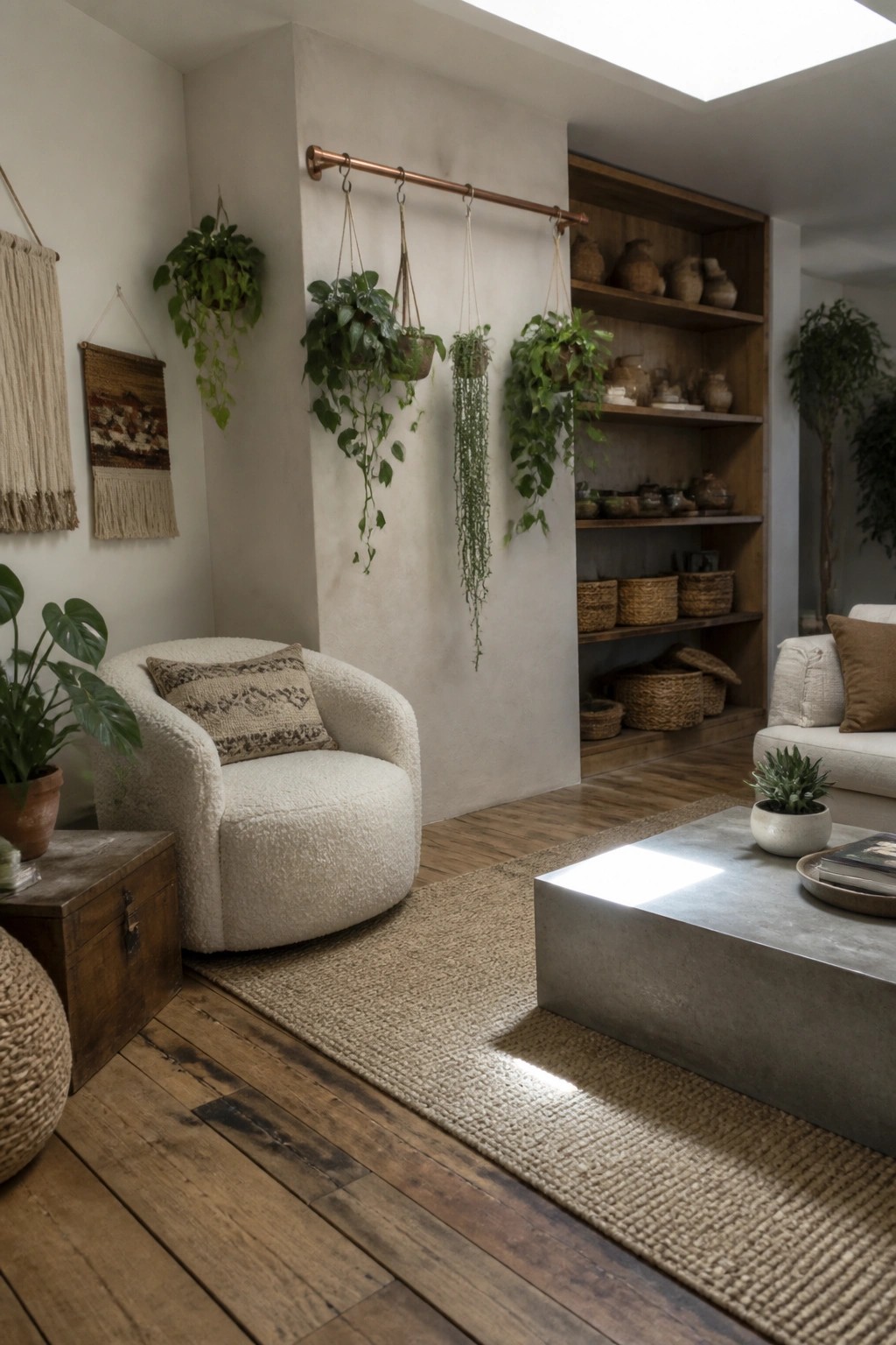 A living room corner with a white boucle armchair, jute rug, concrete coffee table, and several trailing plants hanging from a copper rod mounted on a beige wall beside wooden built-in shelves.