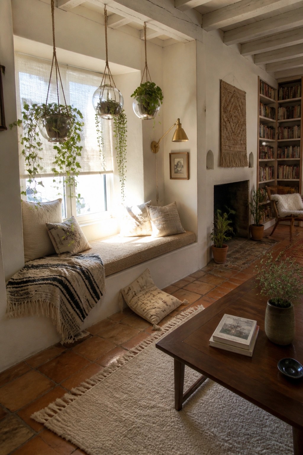 A bright living room with a cushioned window seat, three glass hanging planters with trailing plants, a wooden coffee table, and built-in bookshelves along one wall.