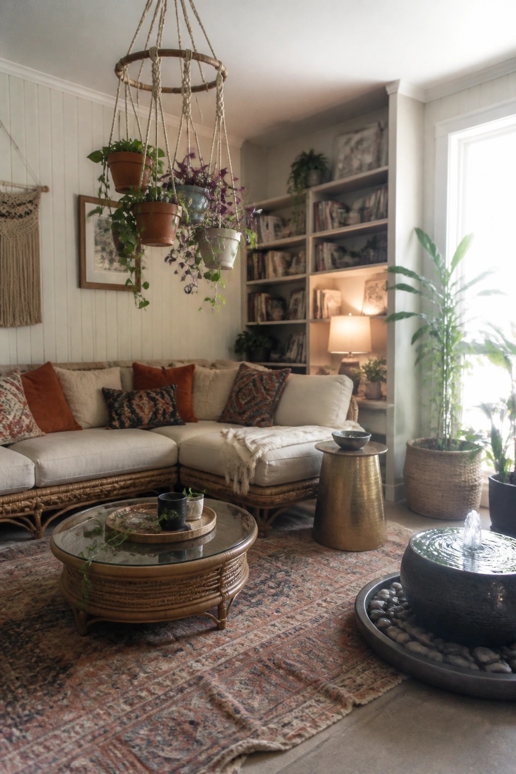 A boho living room with a rattan sectional, coffee table, built-in bookshelves, and multiple hanging planters suspended from the ceiling.