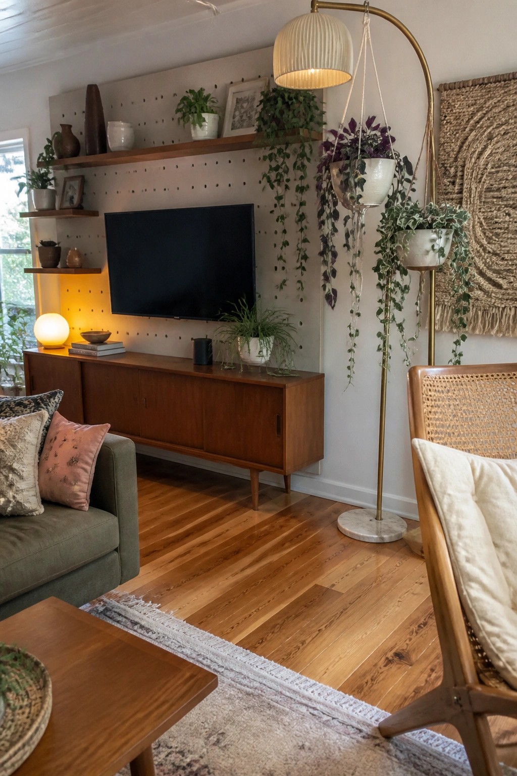 Living room interior with wall-mounted TV on pegboard, wooden media console below, multiple hanging planters with trailing plants on the right, and assorted potted plants on floating shelves.