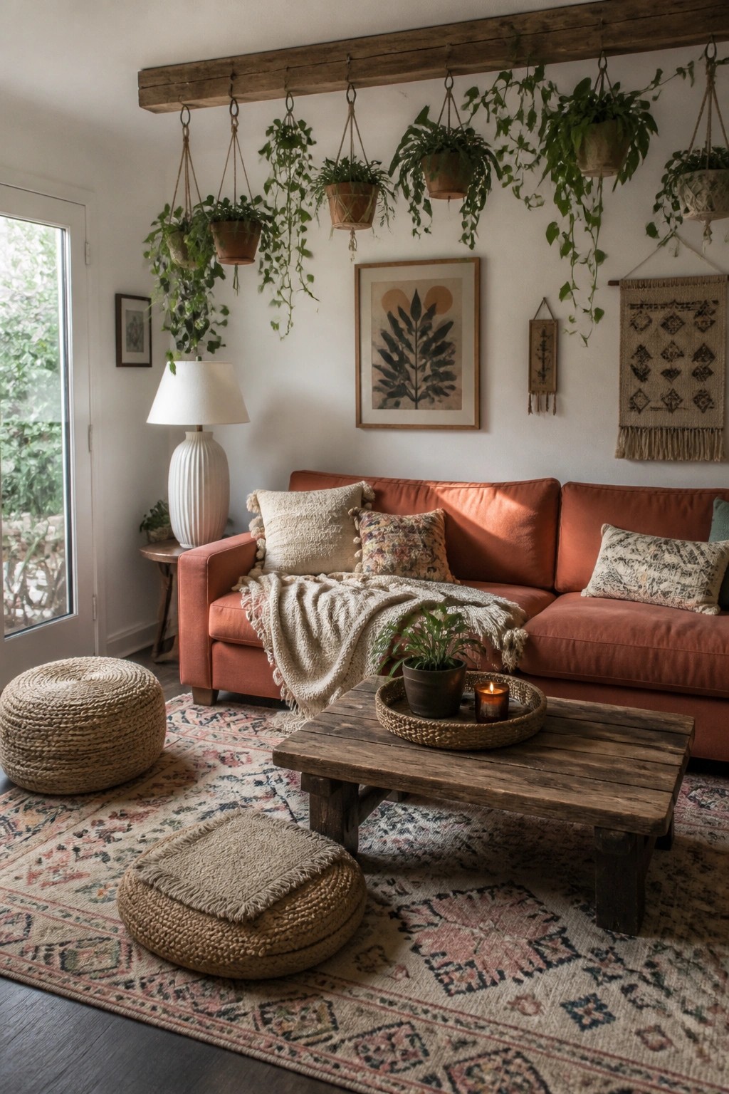 A living room featuring a rust-colored sofa, wooden coffee table on a patterned rug, and numerous trailing plants hanging from a ceiling beam.