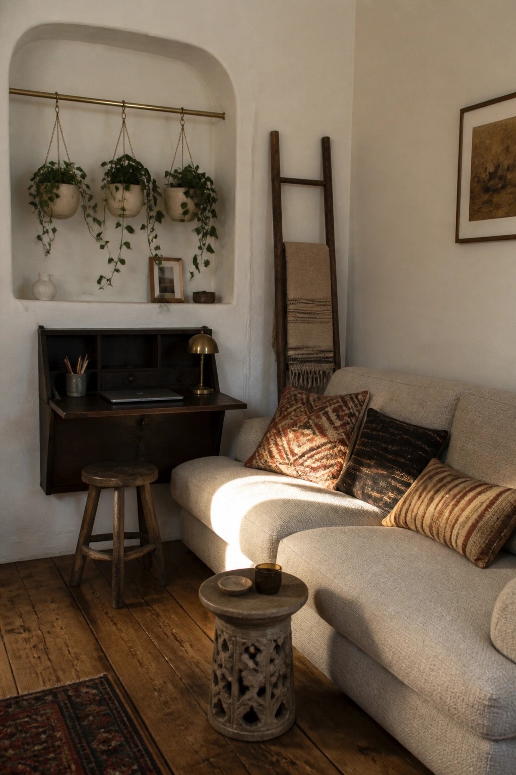 An arched wall niche with a brass rod holding three hanging planters of trailing plants above a wooden drop-down desk.