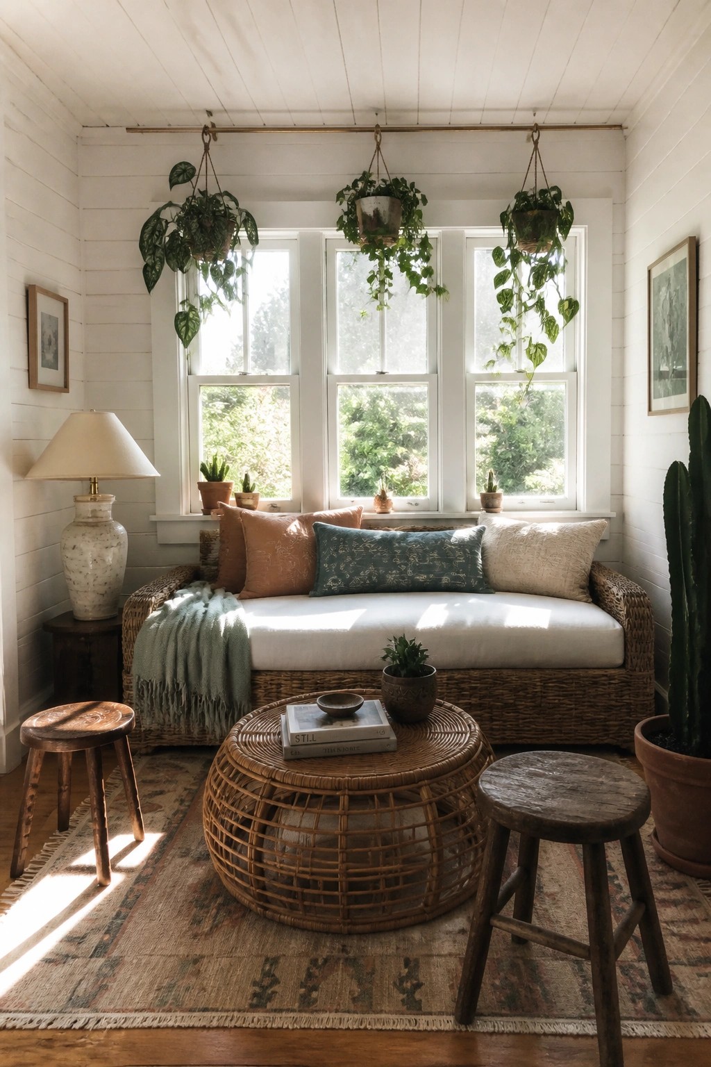 A bright living room with a white daybed beneath three windows, a horizontal rod holding several hanging potted plants, and a round woven table in the foreground.