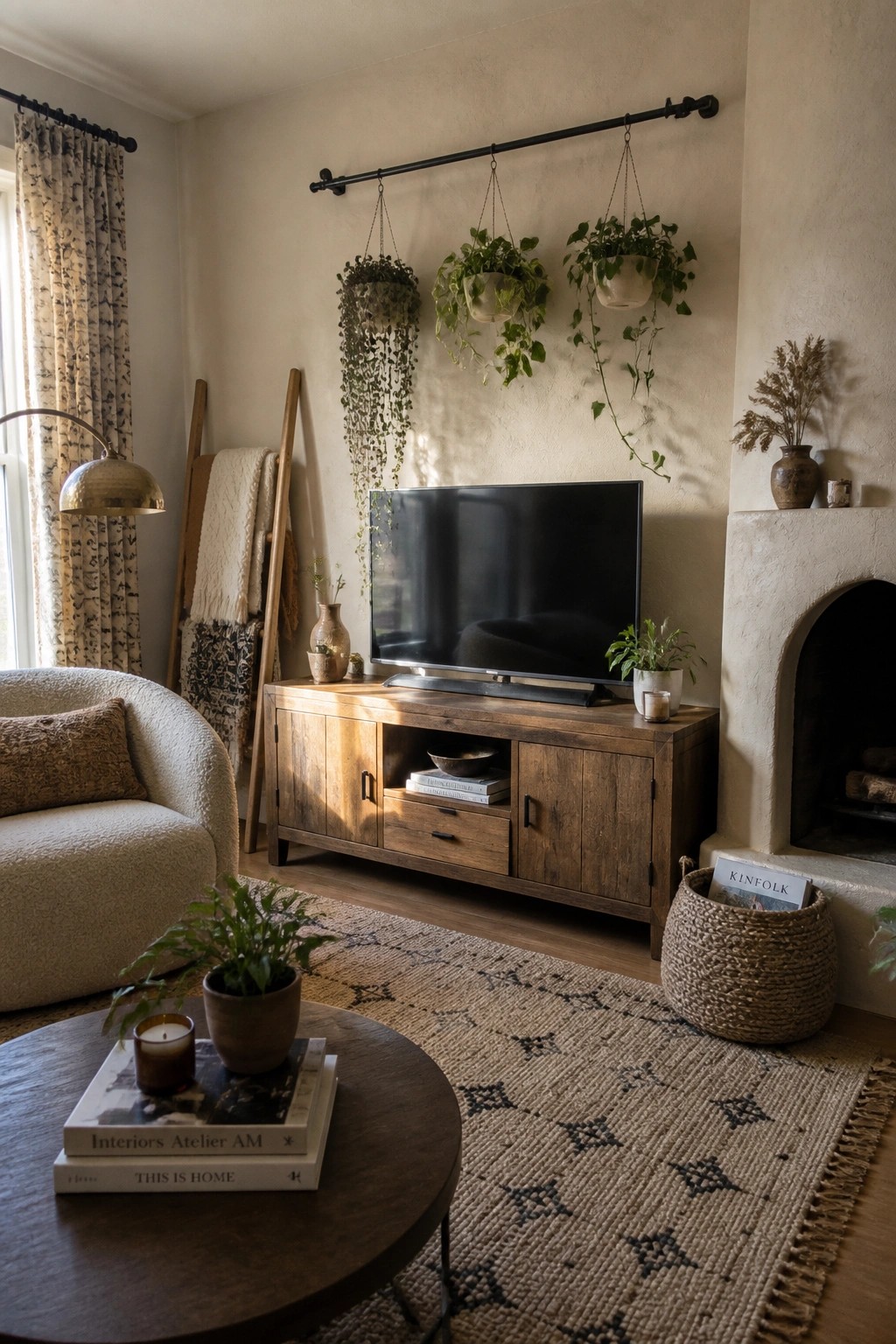 Cozy living room with wooden TV console, hanging plants, fireplace, and woven rug.