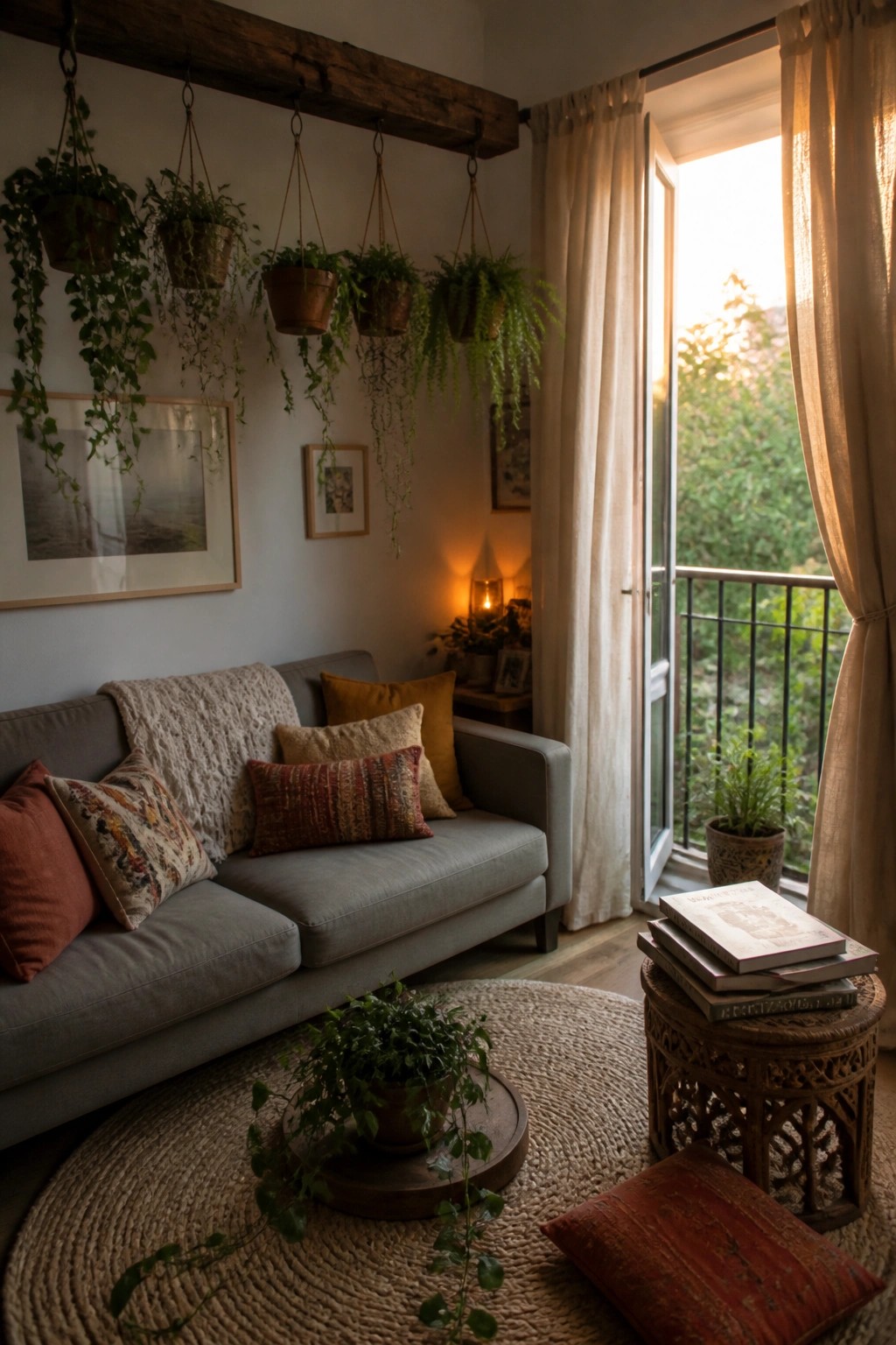 Cozy gray sofa with pillows, hanging plants, woven rug, and open balcony door.