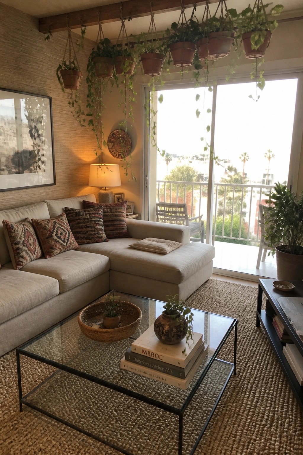 A living room with a light sectional sofa, glass coffee table, and numerous terracotta hanging planters with trailing plants suspended from a wooden ceiling beam near a glass door.