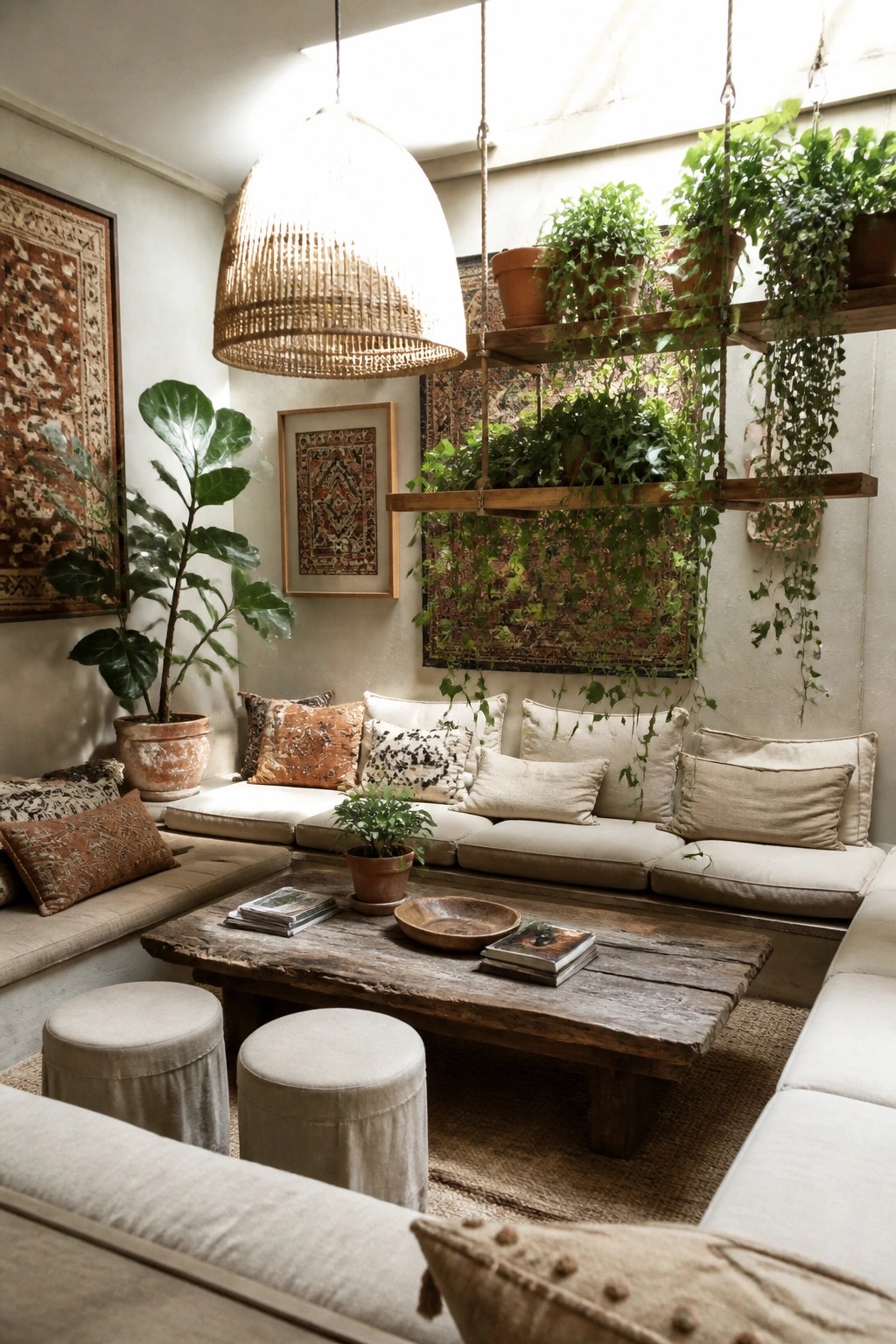 Cozy bohemian lounge with hanging plants, rustic table, neutral sofa, and woven lamp.