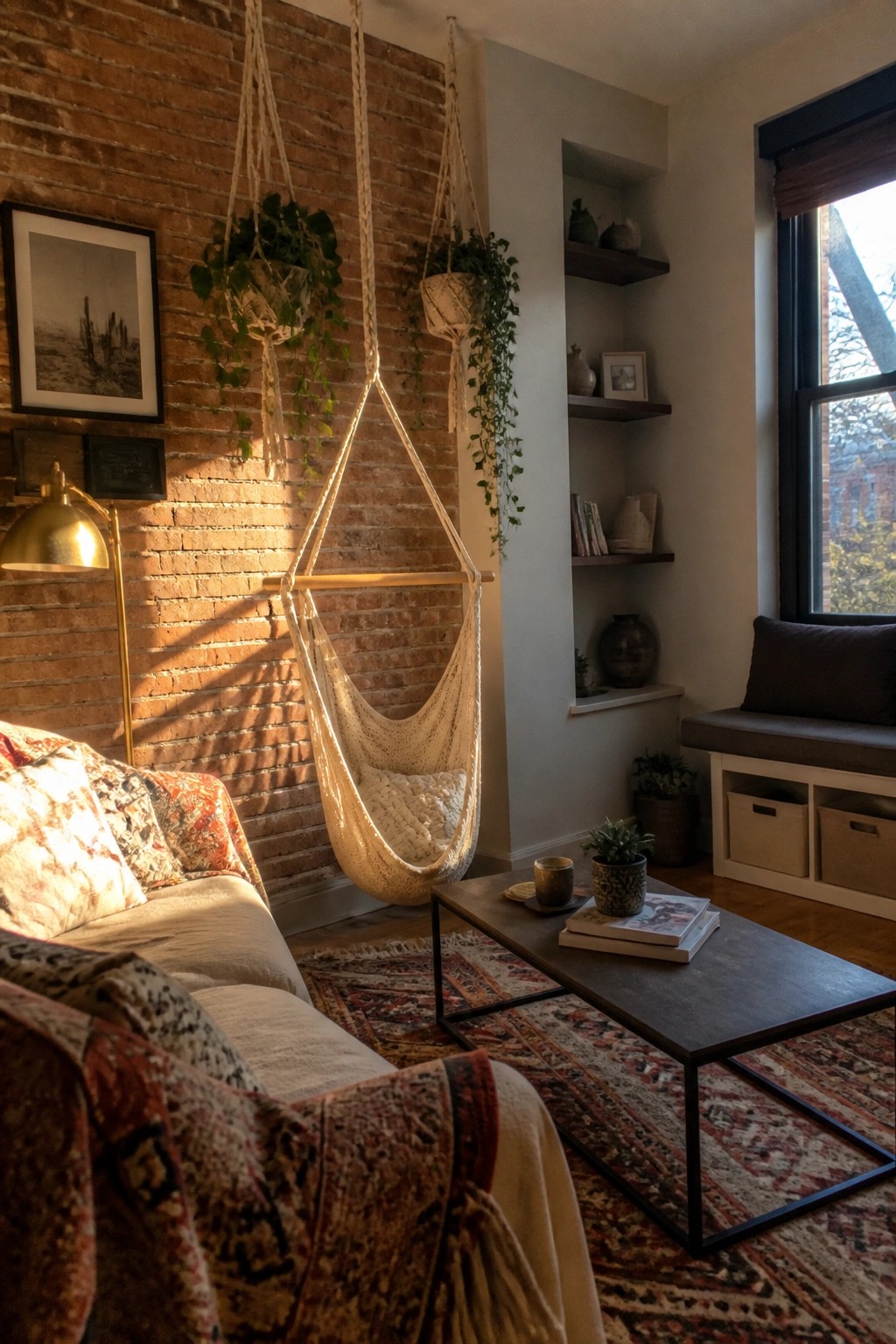 A living room corner with a hanging macrame chair and several hanging planters holding trailing plants against an exposed brick wall.